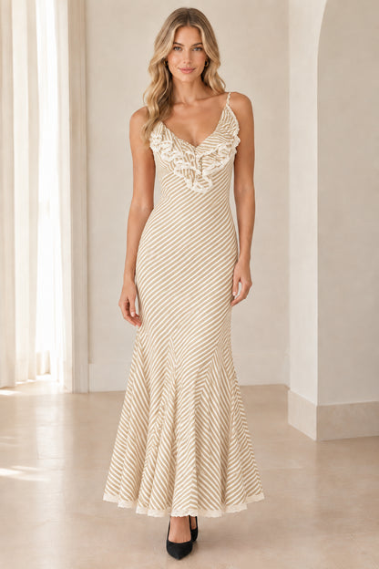 Beige and white striped ruffle V-neck mermaid maxi gown