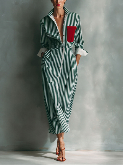 Women's Blue And White Cotton Blend Striped Shirt Dress With Red Chest Pocket MDZ1286C2T
