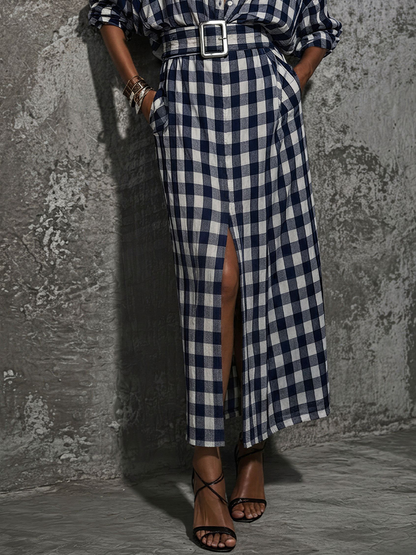 Women's Casual Commuter Style Blue And White Plaid Cotton Belted Front Slit Maxi Shirt Dress MDZ2982D6GMJ