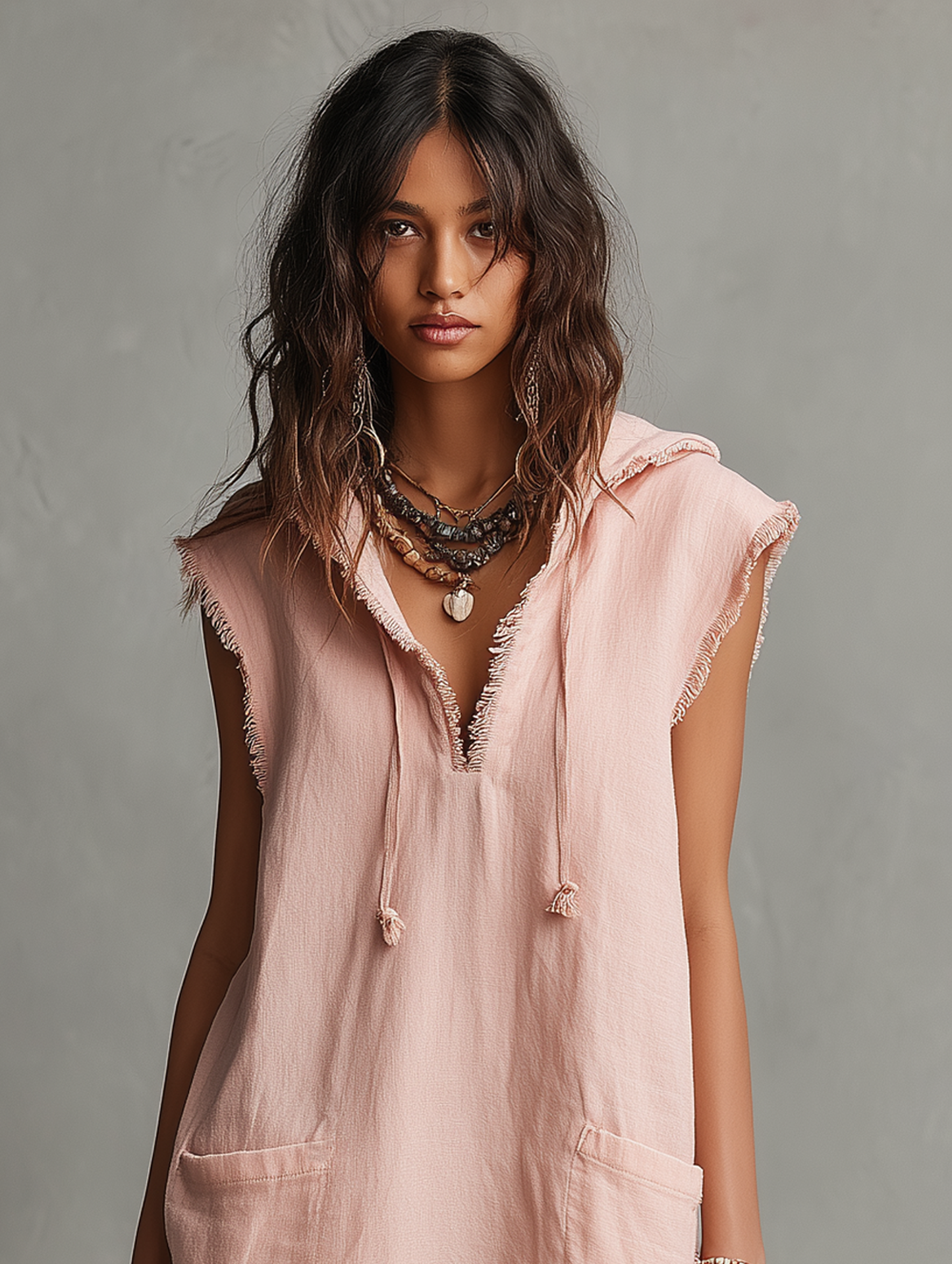 Women's Minimalist Linen-Blend Mini Dress — Hooded, Sleeveless, Raw Hem MDZ2961D3Y
