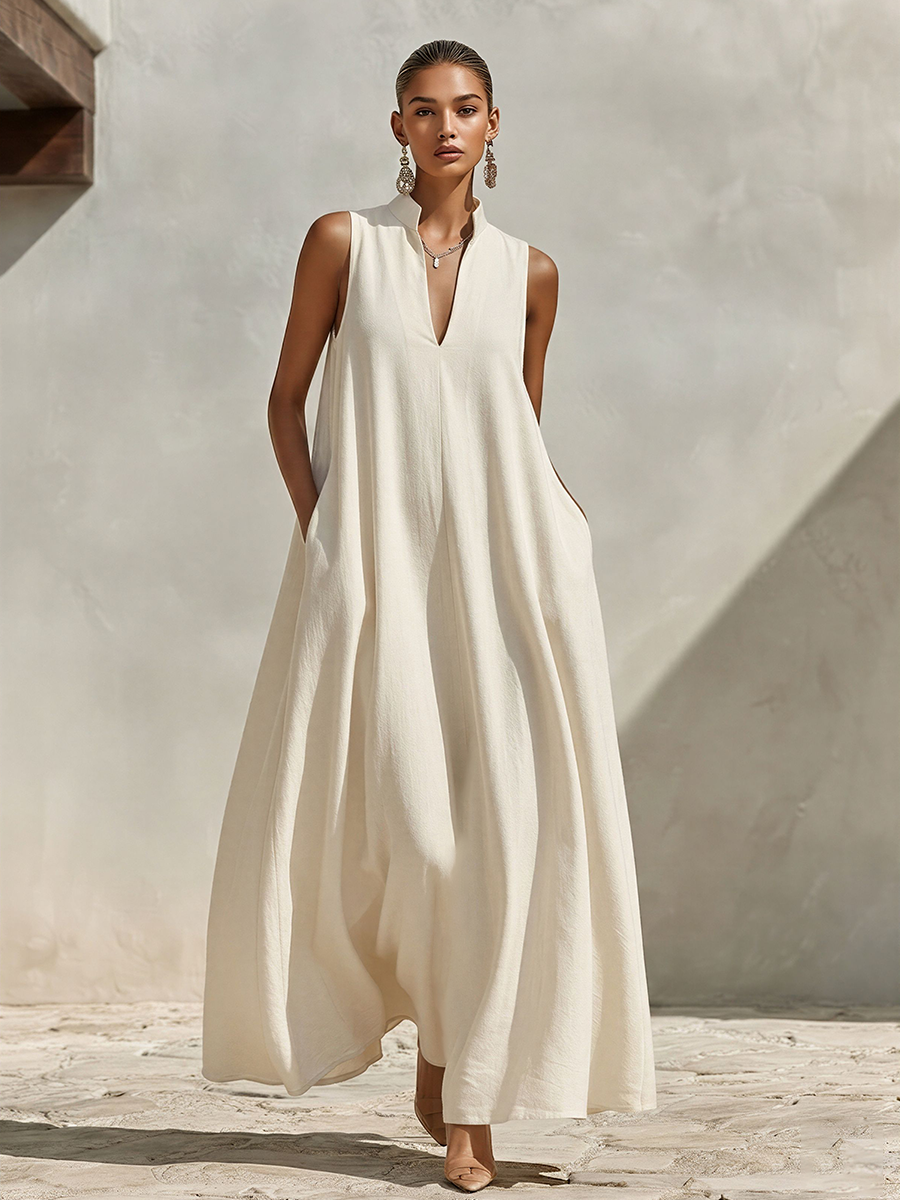 Women's Cream Linen-Blend Sleeveless Maxi Dress With Stand Collar & V-Neck, Timeless Minimalist Summer Dress MDZ0806E9LYL