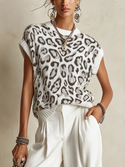White Leopard Print Knit Sleeveless Top