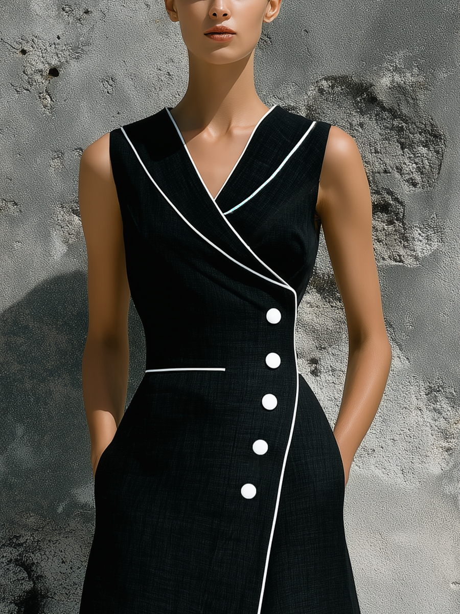 Women’s Black Linen Sleeveless Wrap V-Neck White Piping Trim Button Front Side Slit Midi Dress With Side Pockets MDZ2306F3T
