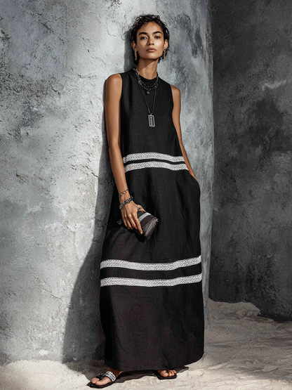 Women's Minimalist Black Cotton Linen And White Lace Sleeveless Long Dress MDZ2461F4GMJ