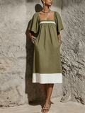 Women's Casual Military Green And Off-White Color-Blocked Cotton And Linen Square Neck Elastic Pleated Midi Dress MDZ2445F3GMJ