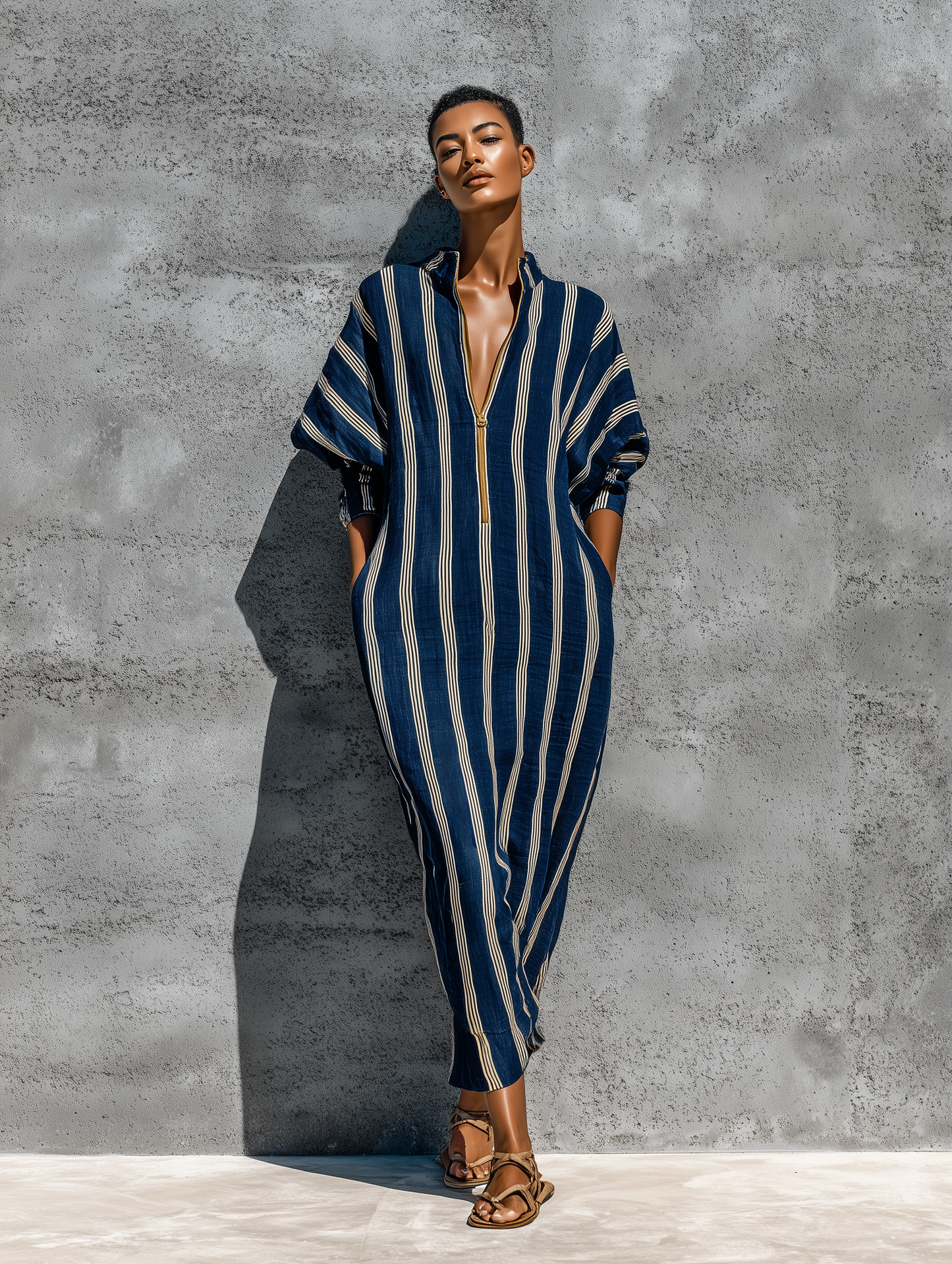 Women’s Navy White Vertical Stripe Linen Stand Collar Gold Half Zip Cuffed Batwing Sleeve Loose Midi Kaftan Dress With Side Pockets MDZ3034F9T