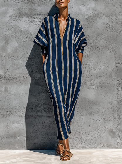 Women’s Navy White Vertical Stripe Linen Stand Collar Gold Half Zip Cuffed Batwing Sleeve Loose Midi Kaftan Dress With Side Pockets MDZ3034F9T