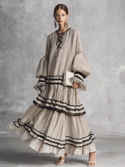 Women's Boho Striped Ruffle Tiered Cotton Blend Long Sleeve Maxi Dress MDZ1426B2BA
