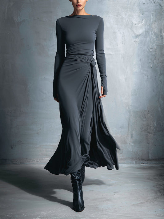 Women's Gray Exquisite Stretch Blended Fabric Wrap Dress - Knotted Maxi Dress MDA1401H9I