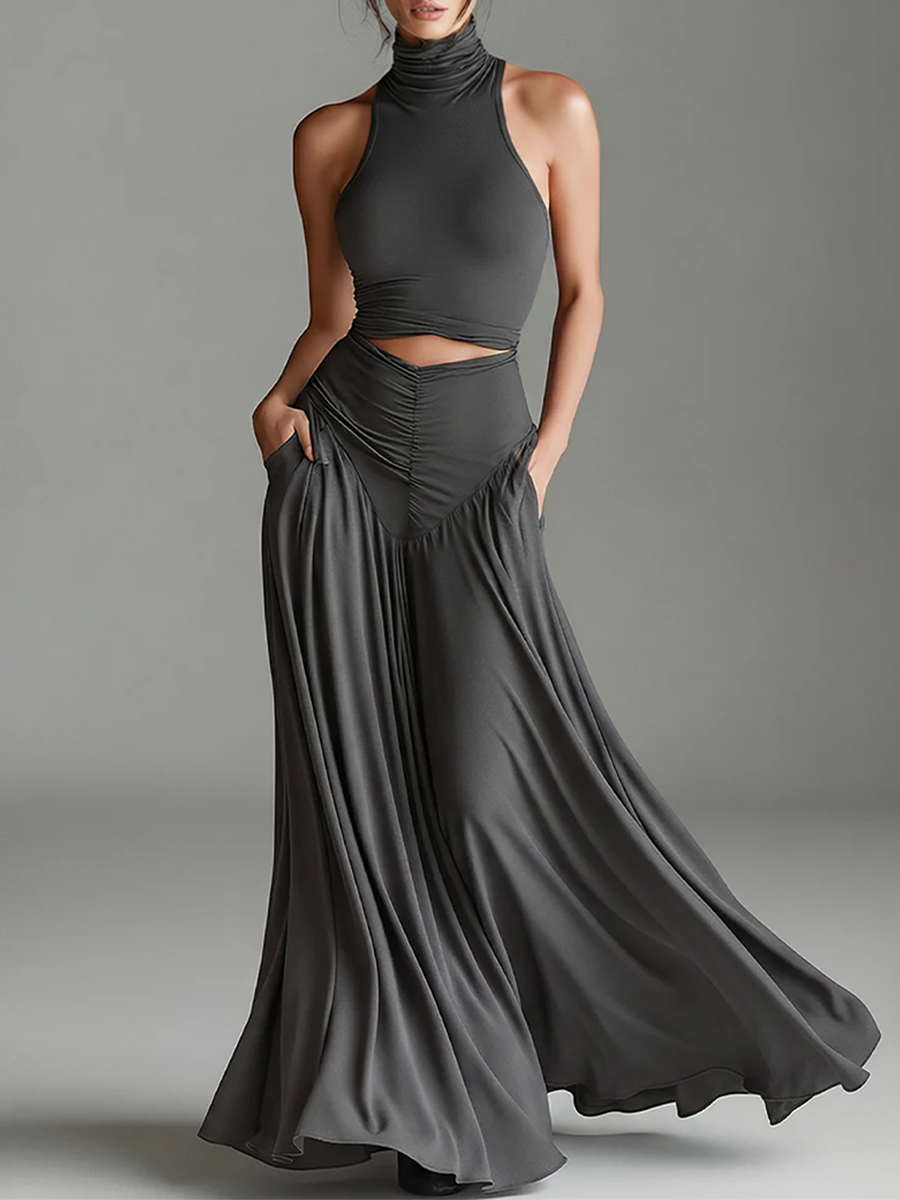 Women's Charcoal Gray Stretch Knit Dress With Turtleneck Halter & Cutout Waist, Timeless Minimalist Elegant Style Dress MDZ0960B2I