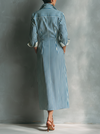 Women's Blue And White Cotton Blend Striped Shirt Dress With Red Chest Pocket MDZ1286C2T