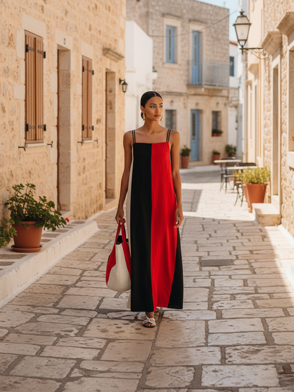 Women's Minimalist Color-Block Linen-Blend Maxi Dress With Square Neck And Spaghetti Straps MDZ2974D6Y