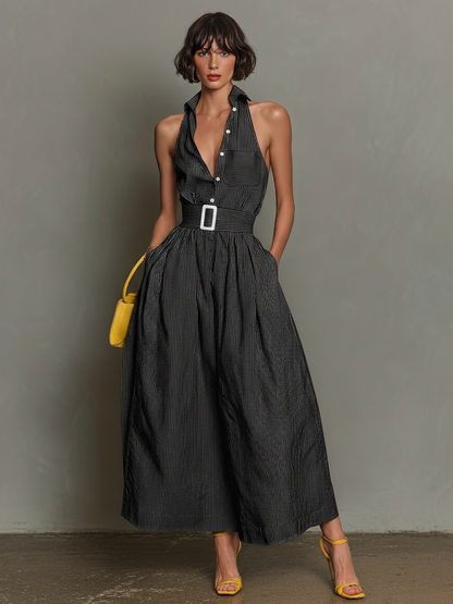 Women's Minimalist Striped Lapel Sleeveless Maxi Dress MDZ1099D5Y