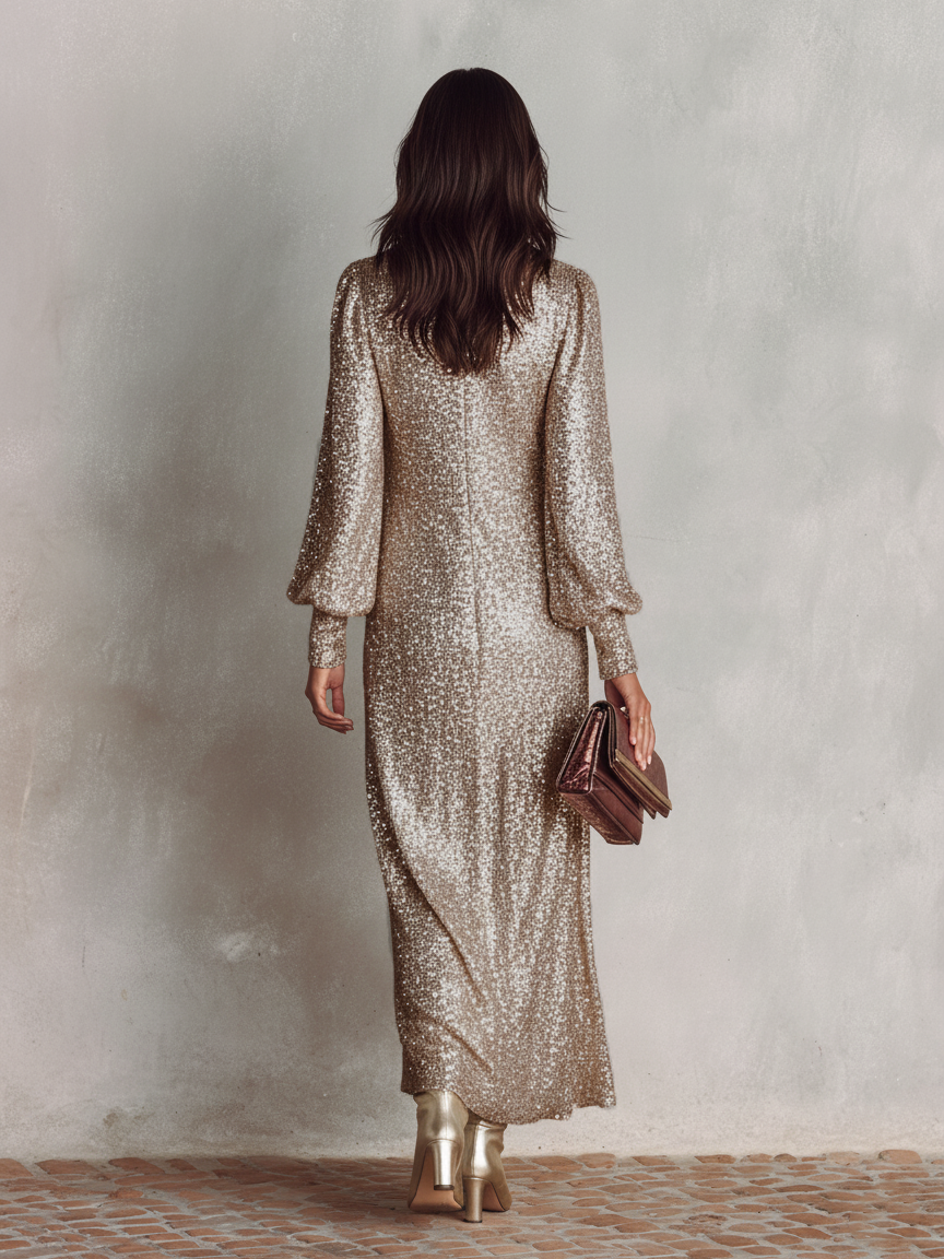 Women's Minimalist Loose Shimmering V-neck Maxi Party Dress MDA1819I0Y