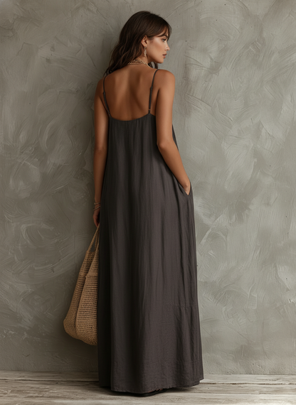 Women's Casual Dark Grey Woven V-neck Maxi Dress Featuring Sequined Camisole-style Splicing MDZ2635F6LXY