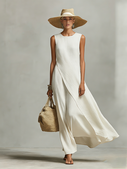 Women's Ivory Breathable Linen Dress With Sleeveless Detail & Asymmetric Hem, Contemporary Casual-Feminine Style Dress MDZ0408C2I